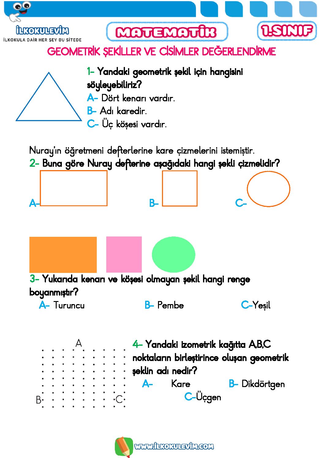 1. Sınıf Matematik Geometrik Cisimler ve Şekiller Değerlendirme 1