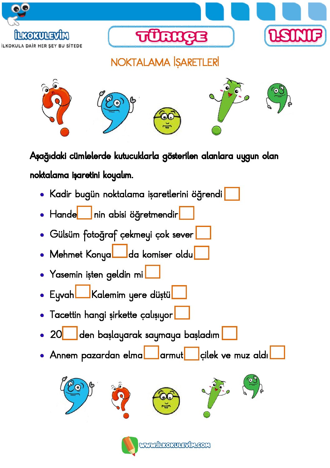 1. Sınıf Türkçe Noktalama İşaretleri Etkinliği 3