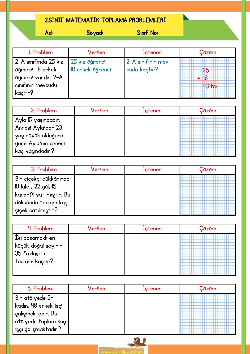 2. Sınıf Matematik Toplama Problemi Etkinliği 1