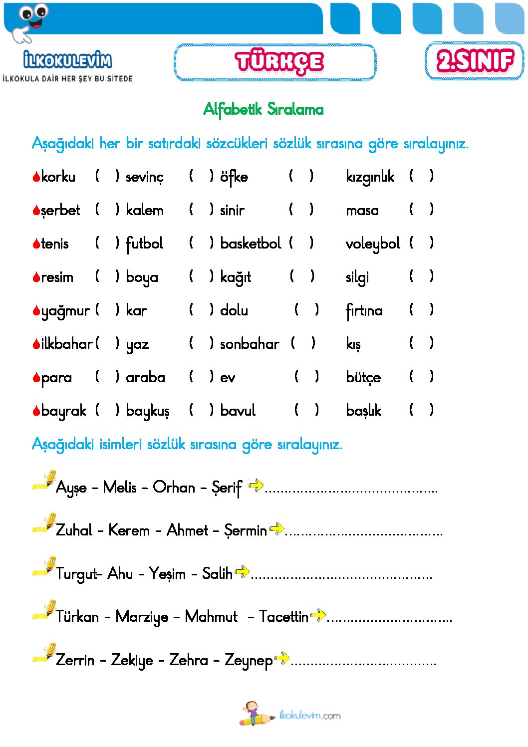 2. Sınıf Türkçe Kelimelerin Sözlük Sırası Etkinliği 1