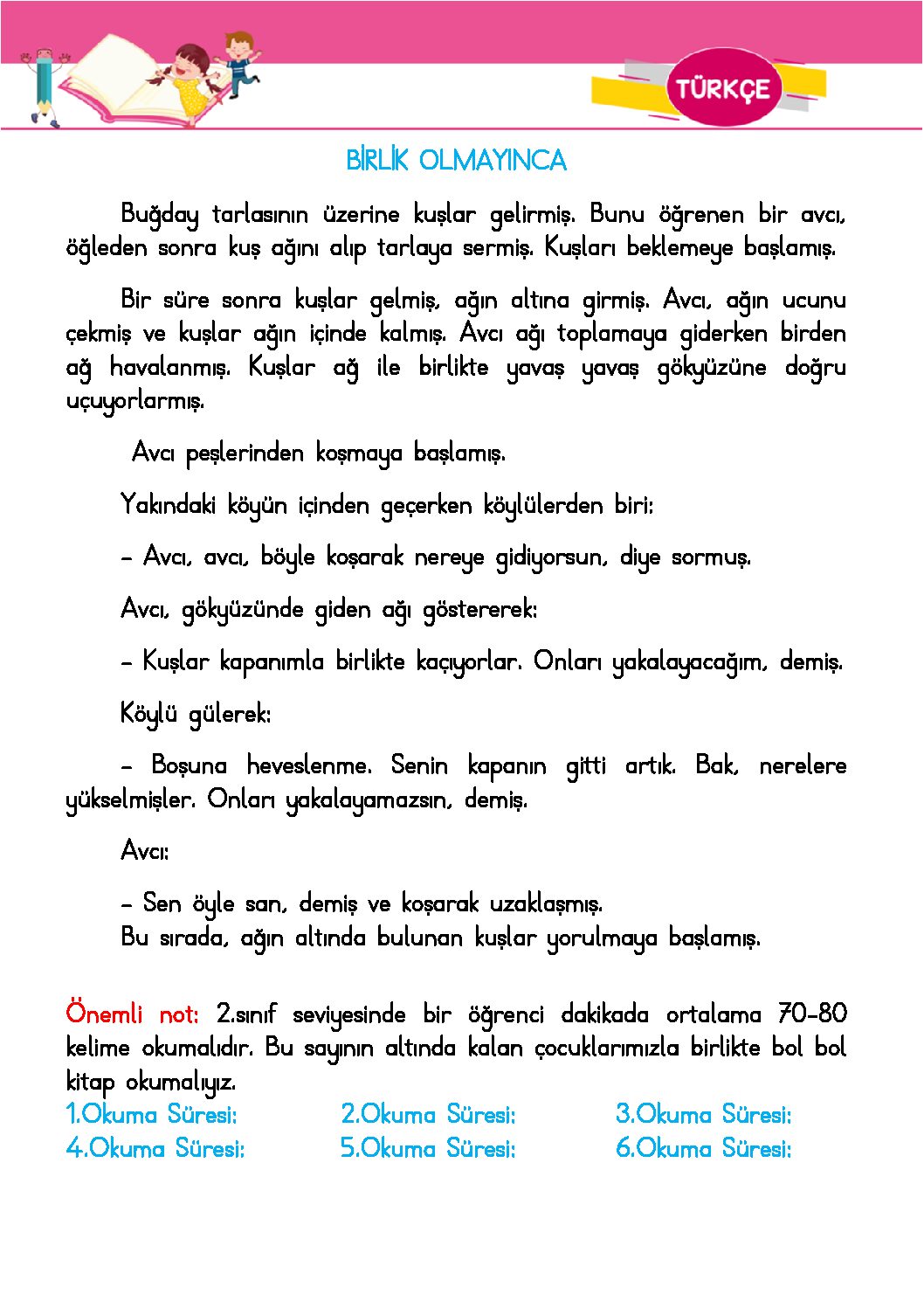 2. Sınıf Türkçe Okuma Anlama Etkinliği (Birlik Olmayınca)