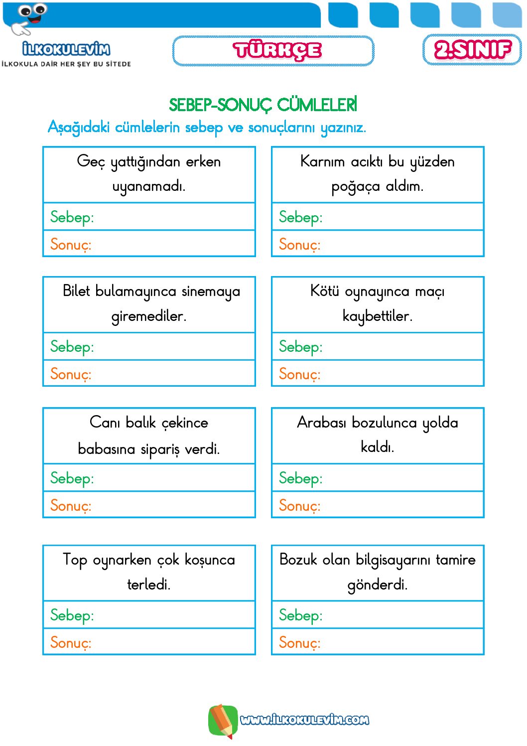 2. Sınıf Türkçe Sebep Sonuç Cümleleri Etkinliği 1