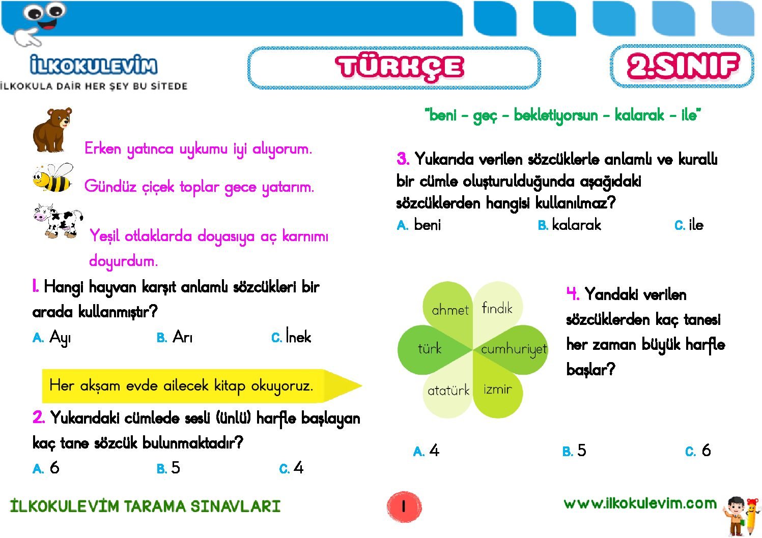 2. Sınıf Türkçe Tarama Sınavı 2