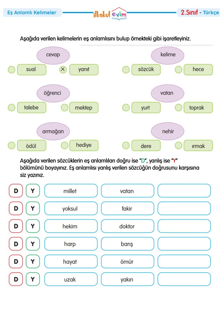 2. Sınıf Türkçe Eş Anlamlı Sözcükler Etkinliği