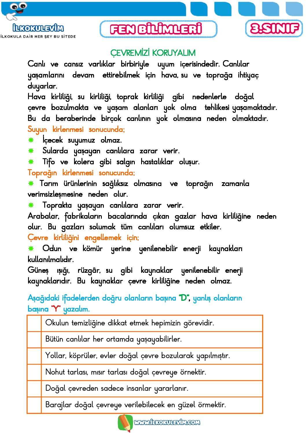 3. Sınıf Fen Bilimleri Çevremizi Koruyalım