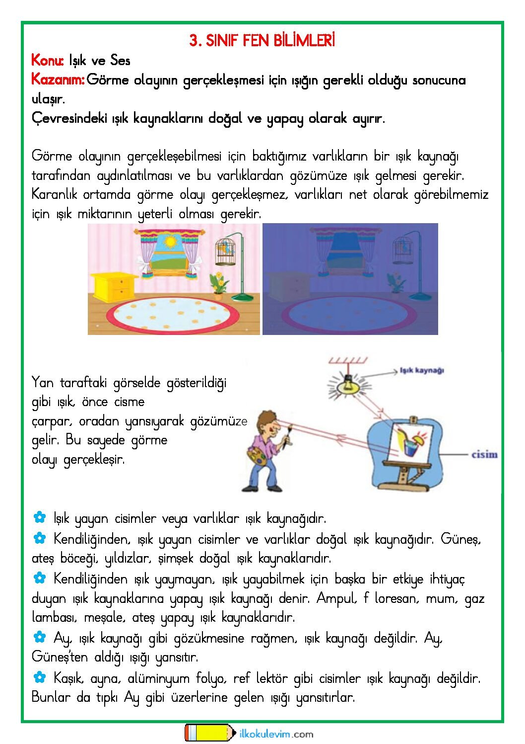 3. Sınıf Fen Bilimleri Işık Etkinliği 1