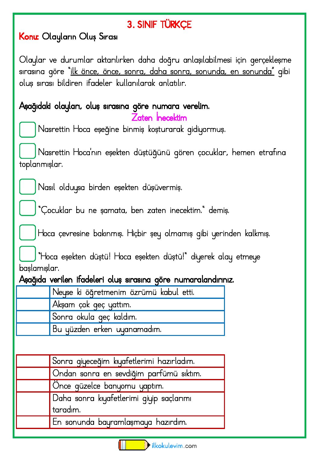 3. Sınıf Türkçe Cümleleri Oluş Sırasına Göre Sıralama Etkinliği 1