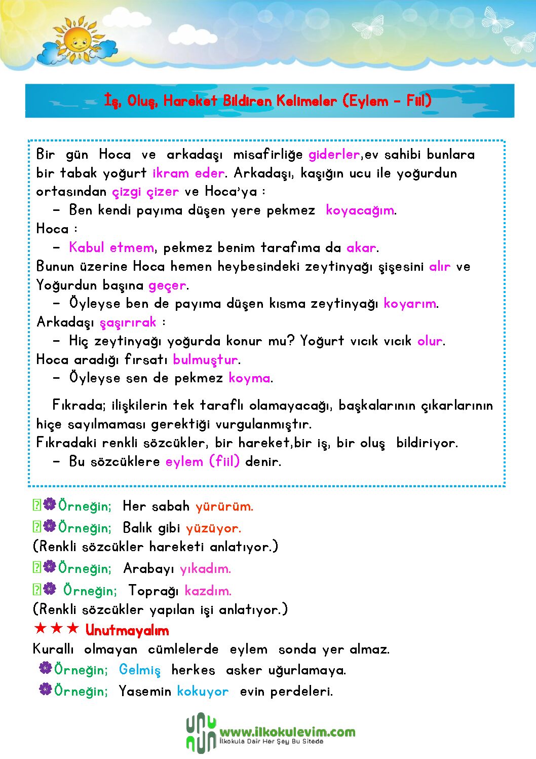 3. Sınıf Türkçe İş Oluş Hareket Bildiren Kelimeler Etkinliği 1