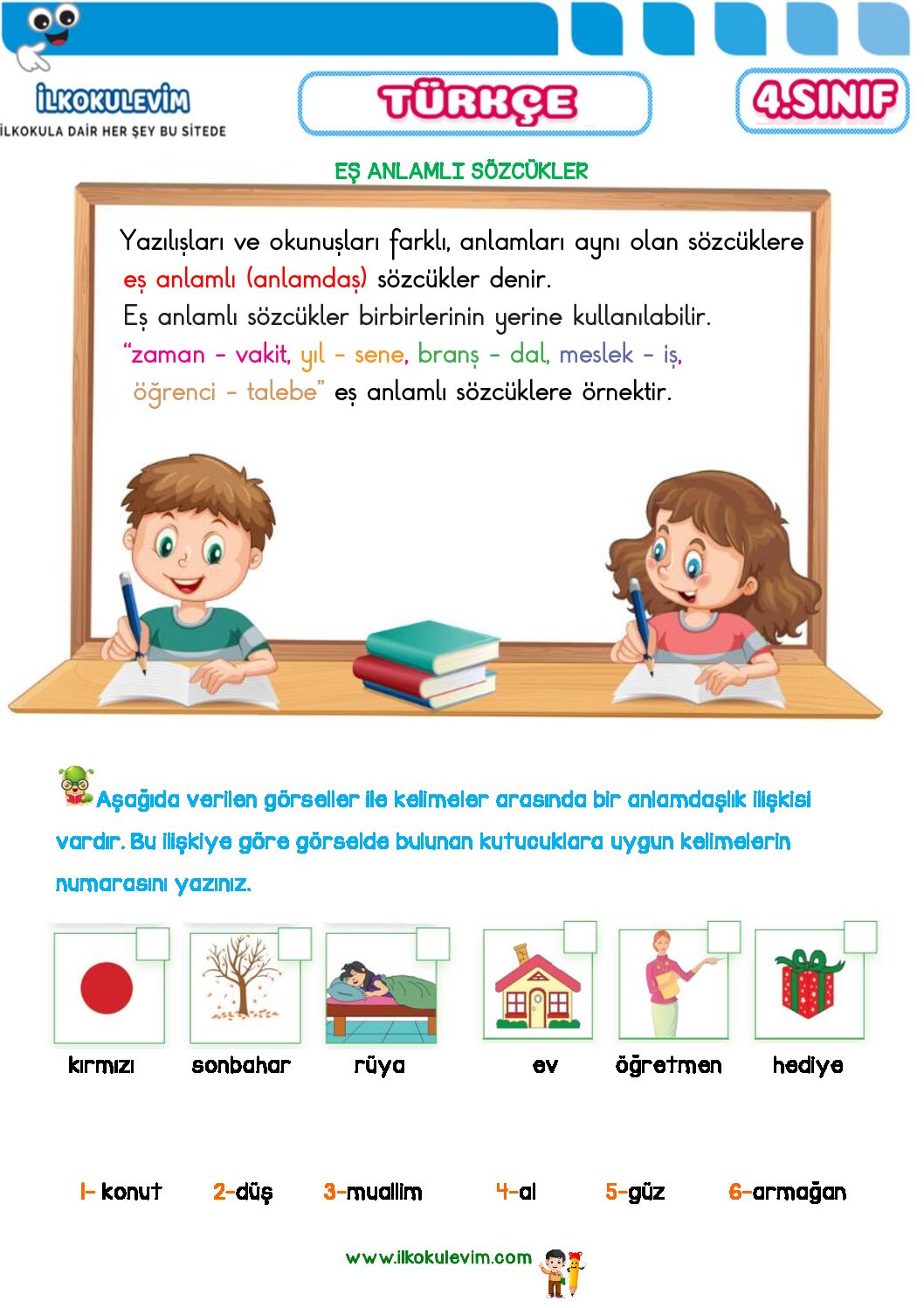 4. Sınıf Türkçe Eş Anlamlı Kelimeler Etkinliği 1