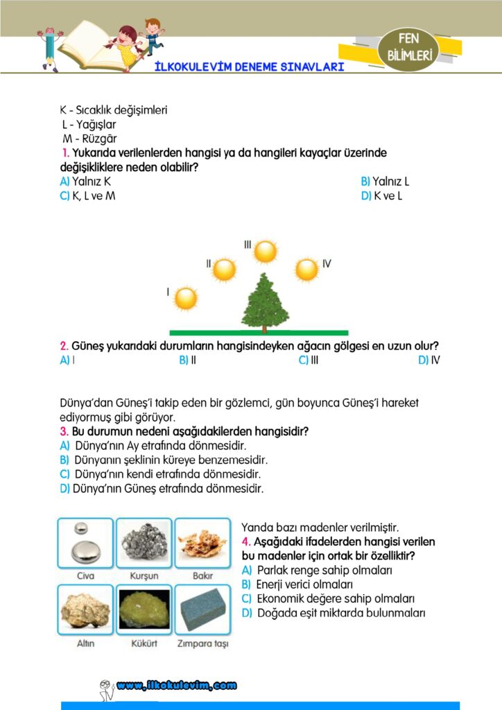 4. Sınıf 1-2-3-4. Hafta Tarama Sınavı