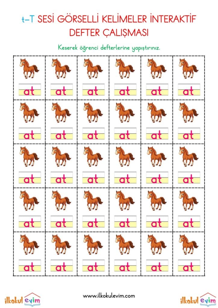 1. Sınıf T Sesi Deftere Yapıştırma Kelime Çalışmaları