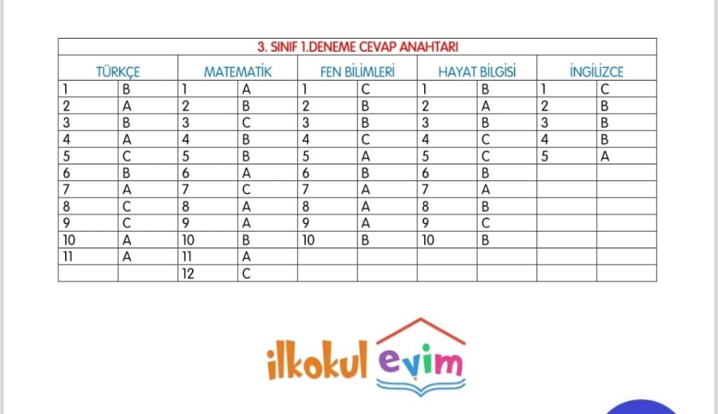 3. Sınıf İlkokul Evim Türkiye Geneli Süreç İzleme Sınavı 2